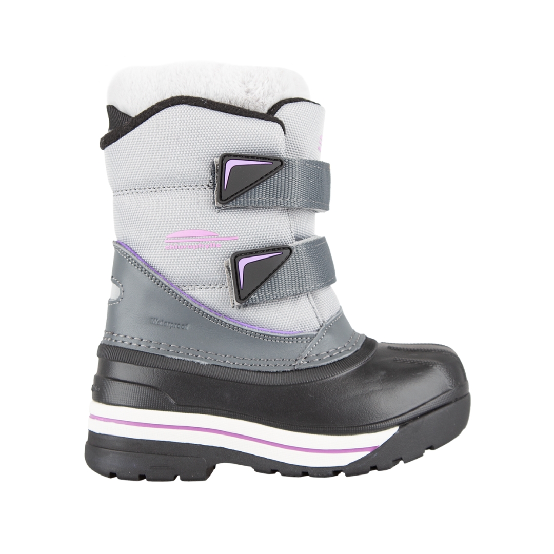 BOTTE D'HIVER IMPERMÉABLE CHLOROPHYLLE ALRUBA POUR PETITE FILLE couleur gris vu de la botte grise pale avec détails roses de profil droit