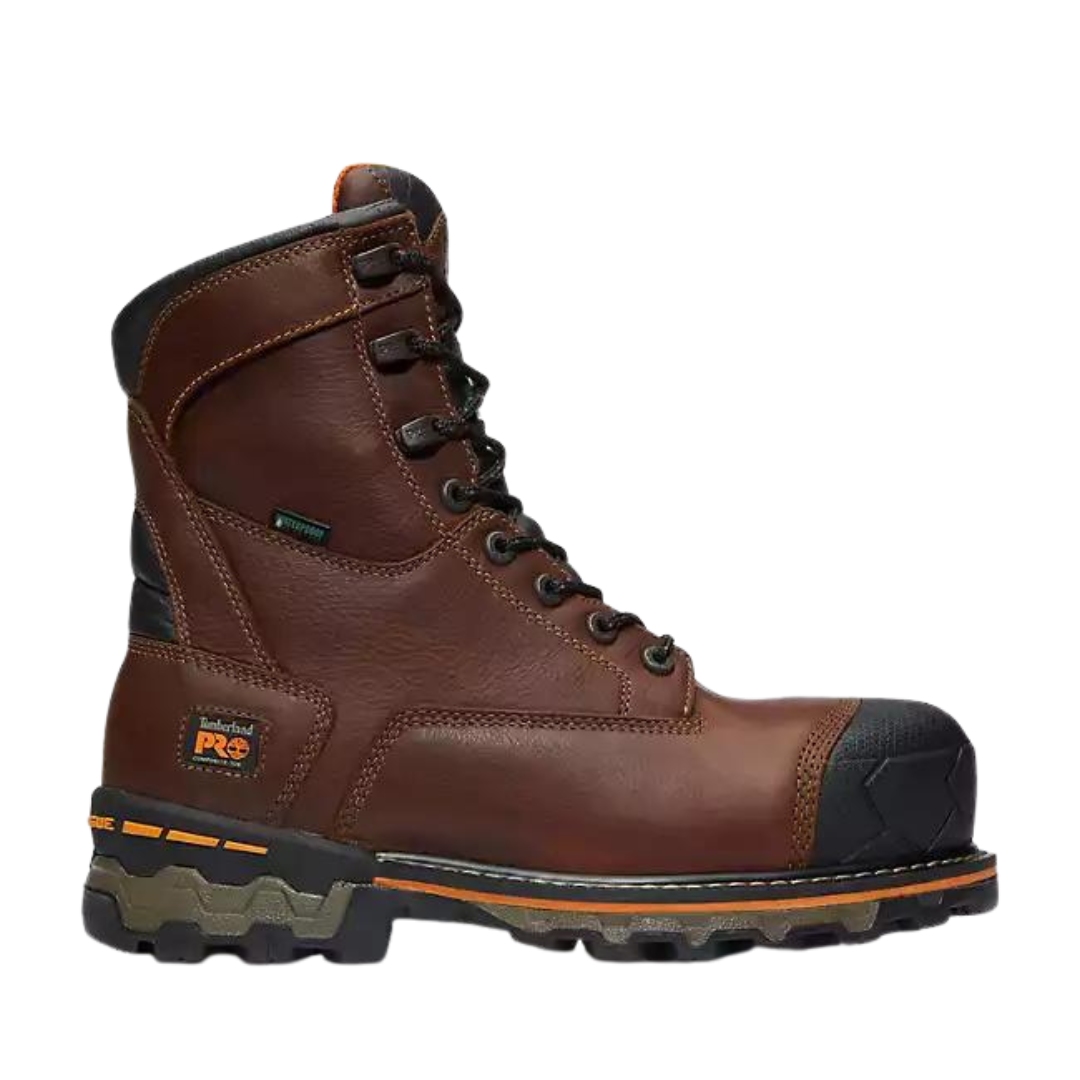 BOTTE DE SÉCURITÉ SANS MÉTAL TIMBERLAND PRO BOONDOCK IMPERMÉABLE 200G POUR HOMME couleur brown vu de la botte brune foncée et noire de profil droit