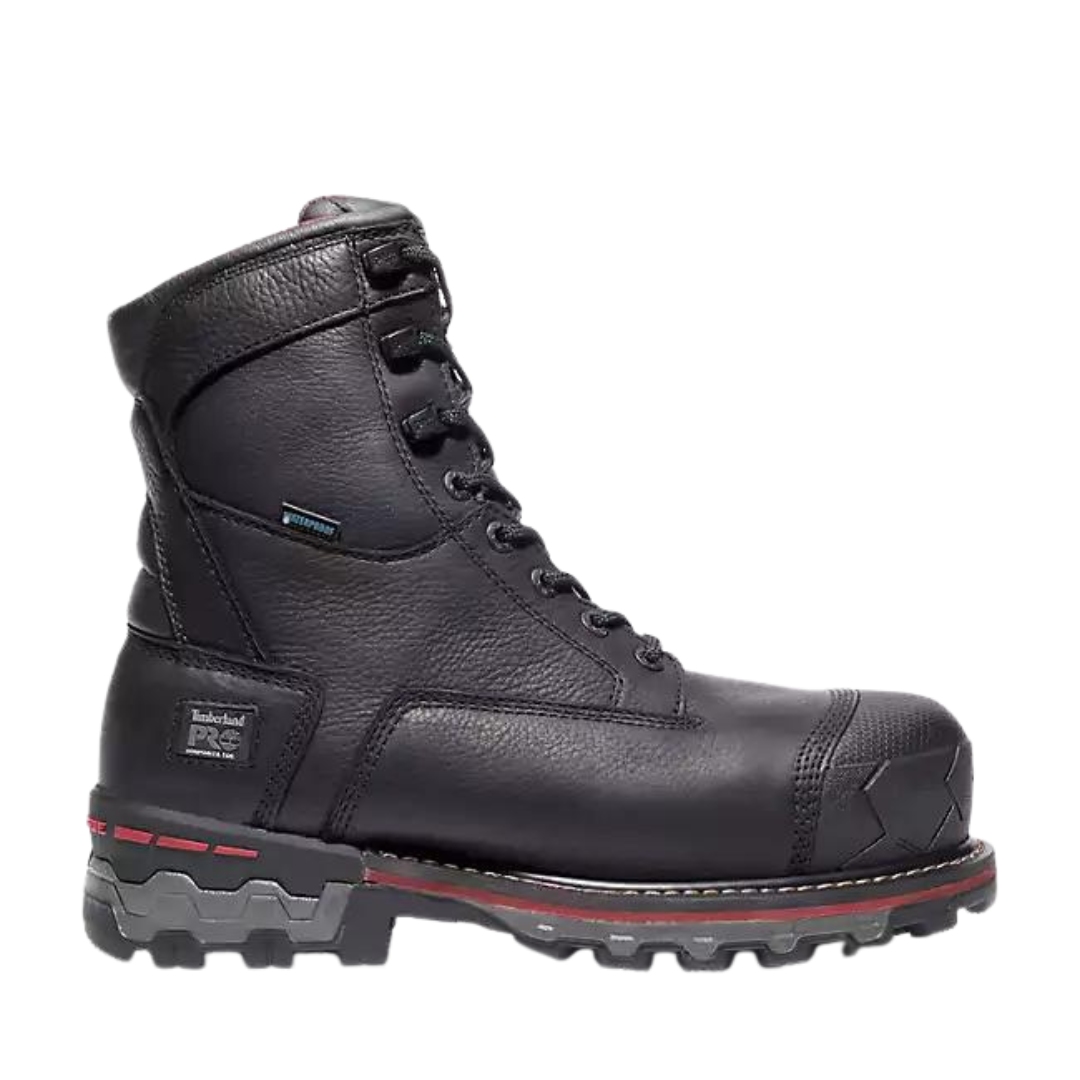 BOTTE DE SÉCURITÉ IMPERMÉABLE ET ISOLÉE TIMBERLAND PRO 8'' BOONDOCK 1000G POUR HOMME couleur black vu de la botte noire avec intérieur carotté rouge et noir de profil droit