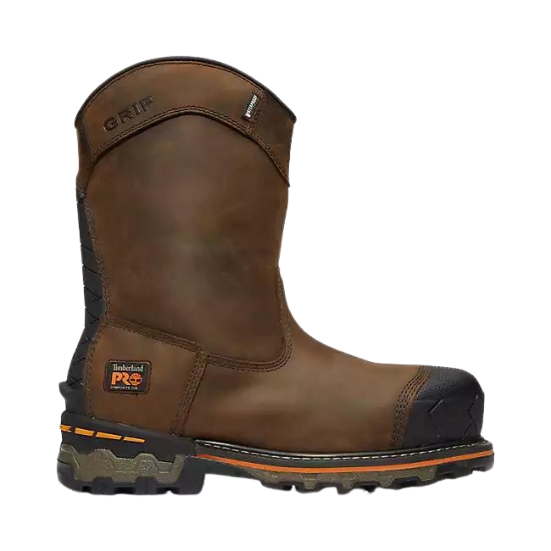 BOTTE DE SÉCURITÉ IMPERMÉABLE BOONDOCK PULLON SANS MÉTAL CSA 200G POUR HOMME couleur brown vu de la botte brune, noire avec détails orangés de profil droit