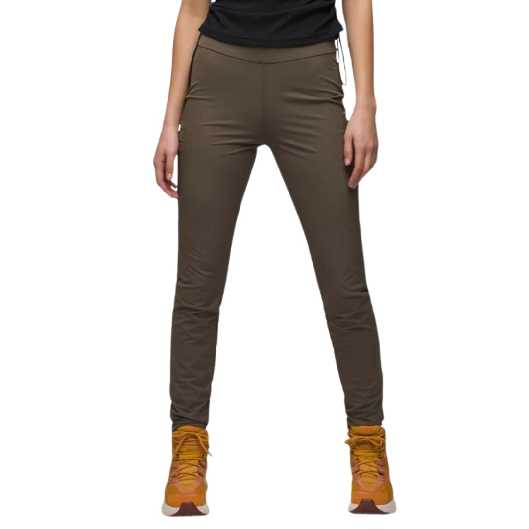 PANTALON LONG PRANA HALLE AT SKINNY POUR FEMME couleru slate green vu du pantalon brun khaki porté par une femme vue de face