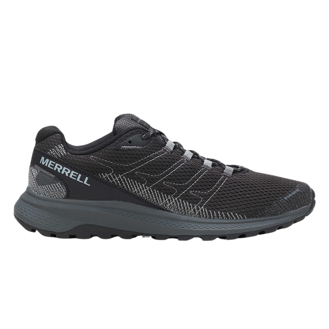 CHAUSSURE DE MARCHE MERRELL FLY STRIKE POUR HOMME couleur black vu de la chaussure noire, grise et bleue pale de profil droit