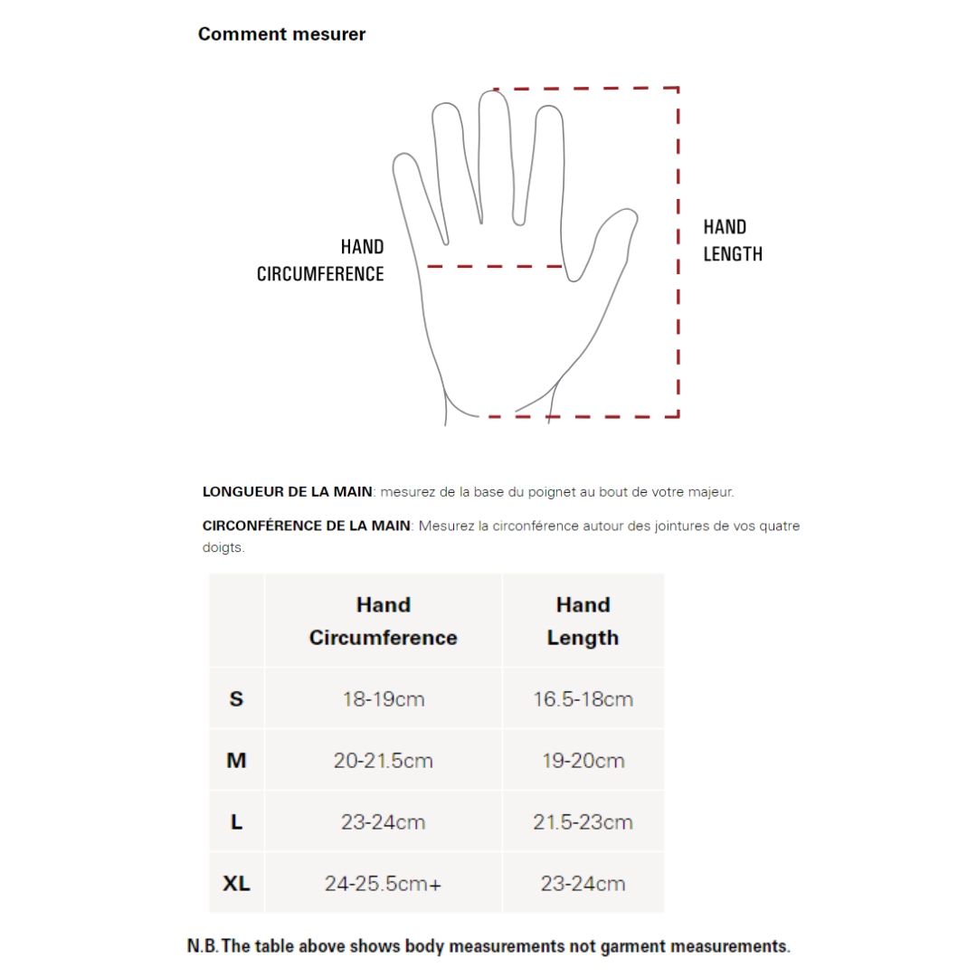 guide des tailles pour les gants et mitaine RAB