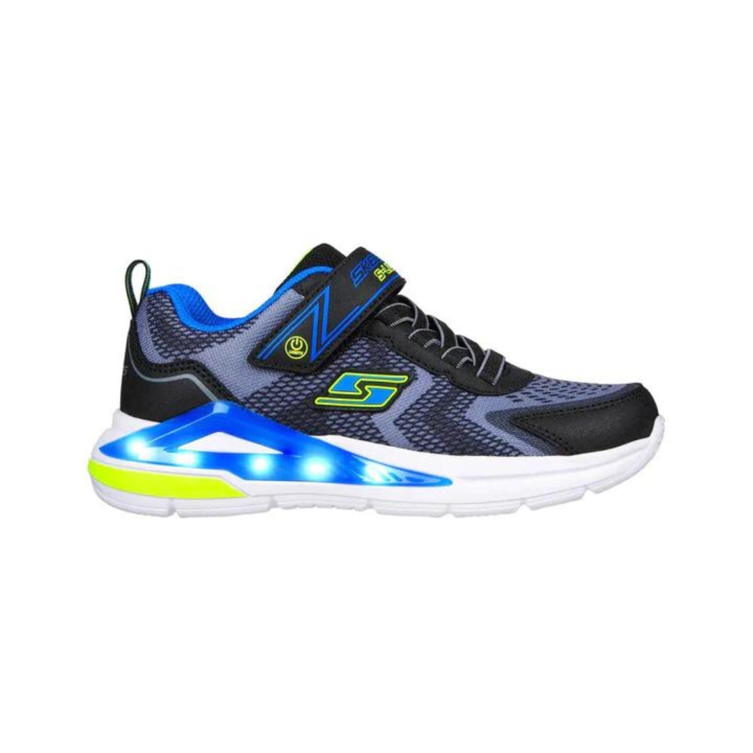 CHAUSSURE DE SPORT LUMINEUSE SKECHERS TRI-NAMICS POUR ENFANT GARÇON couleur noir/gris vu de la chaussure noire, grise pale, bleue et verte fluo de profil droit