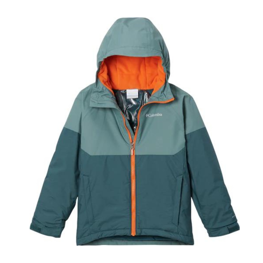 MANTEAU D'HIVER COLUMBIA ALPINE ACTION II JACKET POUR GARÇON COULEUR 414-NIGHT WAVE HEATHER/METAL VU DU MANTEAU VERT PALE, VERT FONCÉ ET DÉTAILS ORANGE VU DE FACE