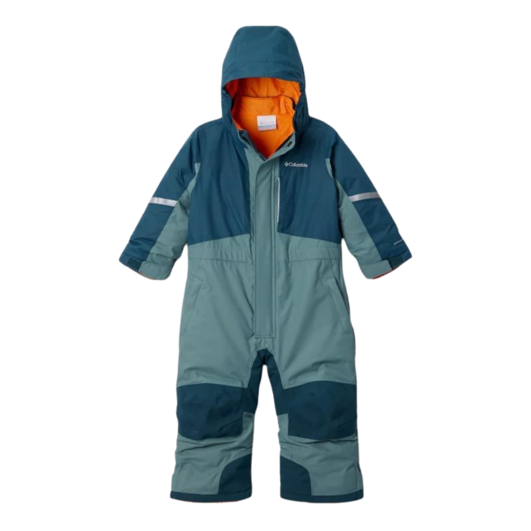 HABIT DE NEIGE COLUMBIA BUGA II SUIT POUR PETIT ENFANT COULEUR 414-NIGHT WAVE HEATHER/METAL VU DU ONE PIECE VERT PALE, VERT FONCÉ ET DÉTAILS ORANGE VU DE FACE