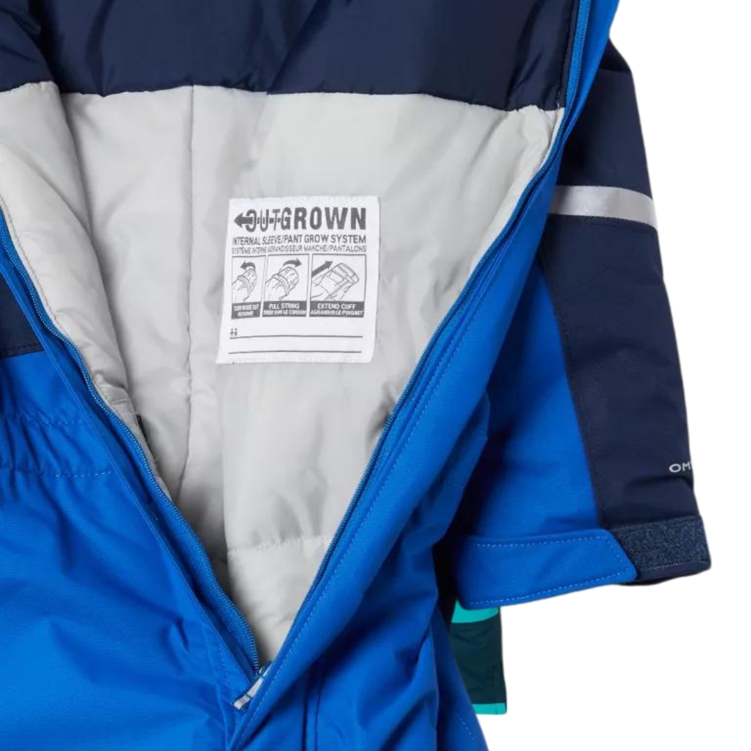 HABIT DE NEIGE COLUMBIA BUGA II SUIT POUR bébé COULEUR Bright Indigo/ Collegiate Navy VUE DE L'ENSEMBLE BLEU ROYAL ET BLEU MARINE OUVERT LAISSANT VOIR L'ÉTIQUETTE D'IDENTIFICATION