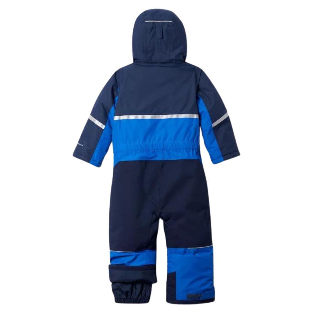 HABIT DE NEIGE COLUMBIA BUGA II SUIT POUR PETIT ENFANT COULEUR Bright Indigo/ Collegiate Navy VUE DE L'ENSEMBLE BLEU ROYAL ET BLEU MARINE DE DOS AVEC UN BAS DE JAMBE ROULÉ