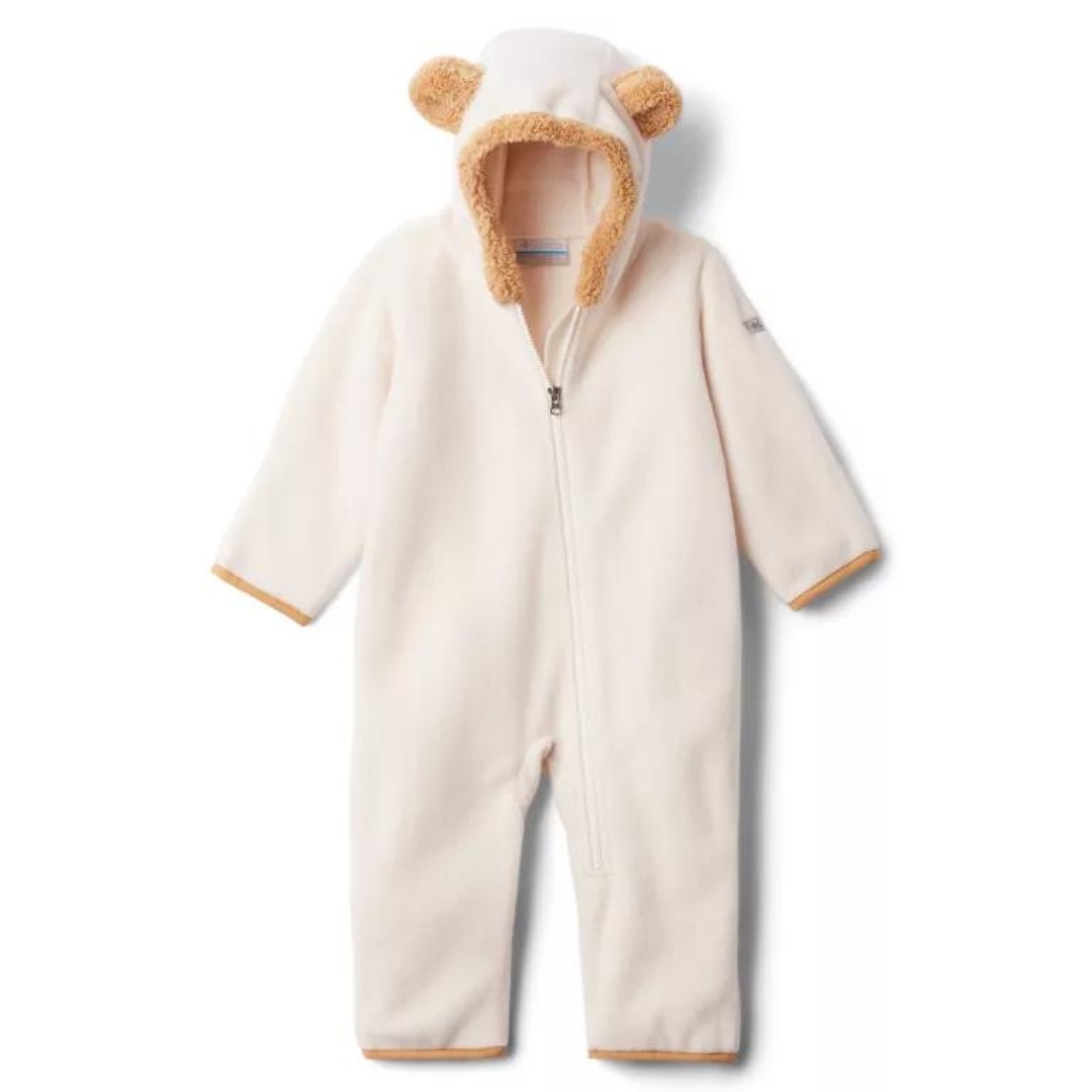 COMBINAISON EN LAINE POLAIRE COLUMBIA TINY BEAR II POUR BÉBÉ couleur chalk vu du one piece blanc cassé avec oreillles et contour de capuchon brun / beige de face