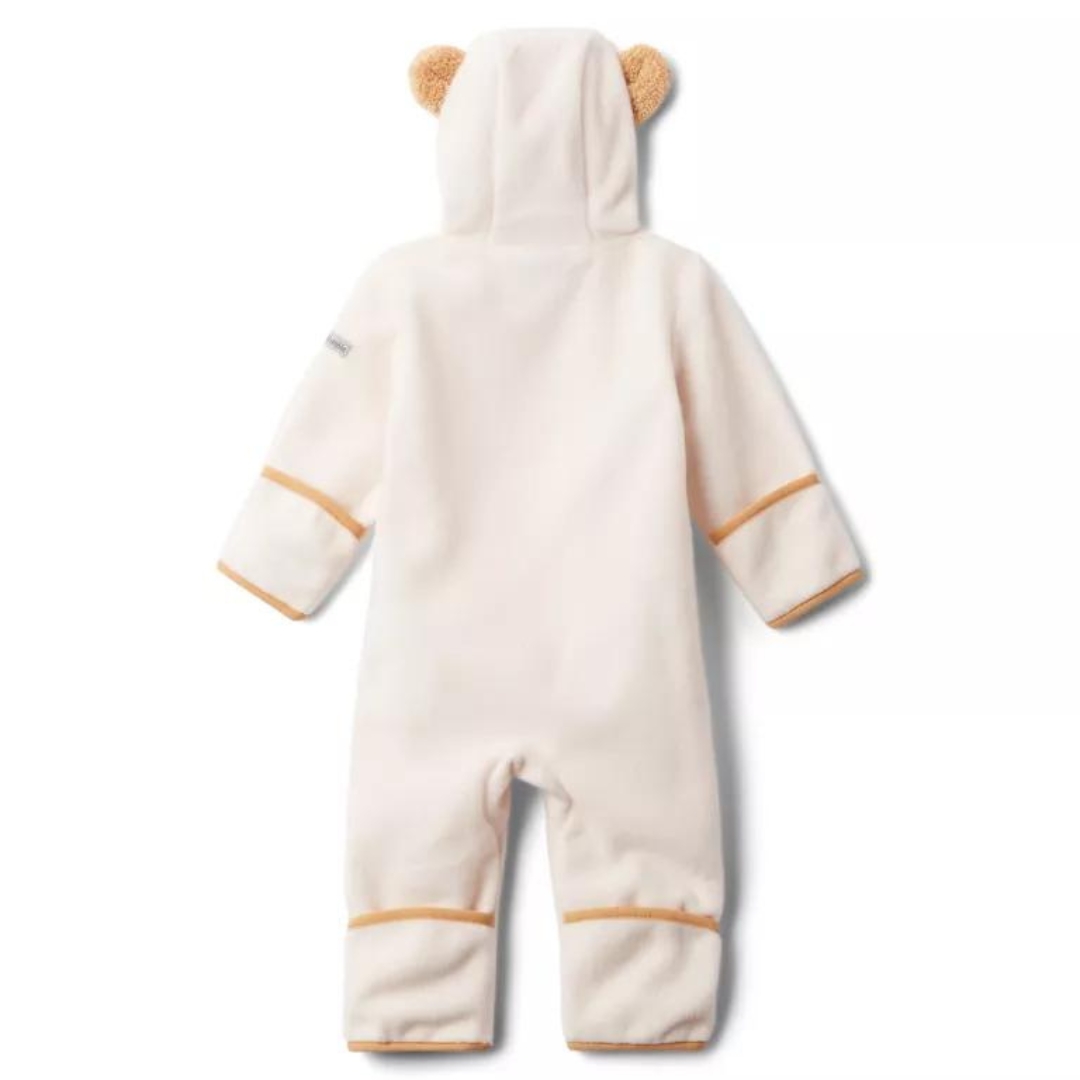 COMBINAISON EN LAINE POLAIRE COLUMBIA TINY BEAR II POUR BÉBÉ couleur chalk vu du one piece blanc cassé avec oreillles et contour de capuchon brun / beige de dos