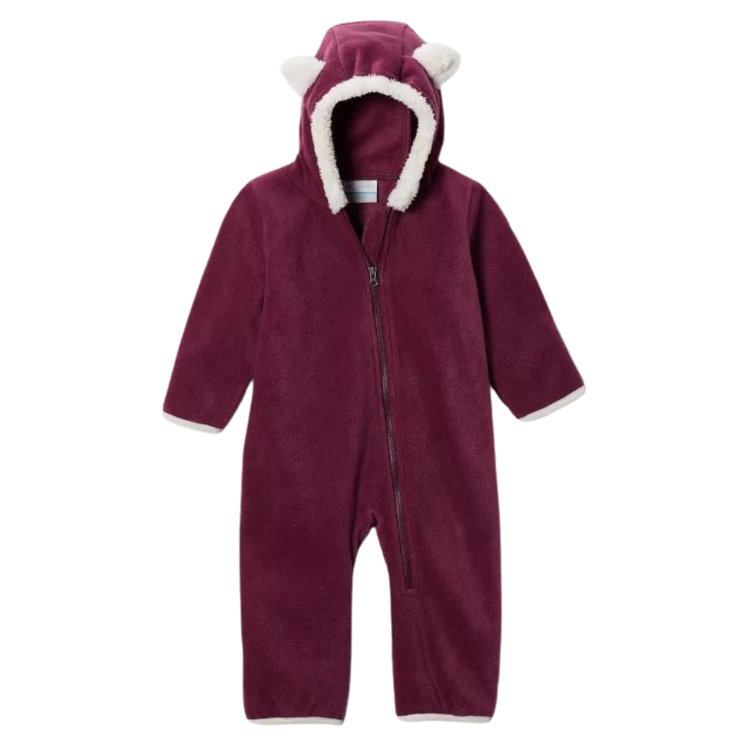COMBINAISON EN LAINE POLAIRE COLUMBIA TINY BEAR II POUR BÉBÉ couleur marionberry vu du one piece couleur rose fushia très foncé avec oreille et contour de capuchon blanc cassé de face