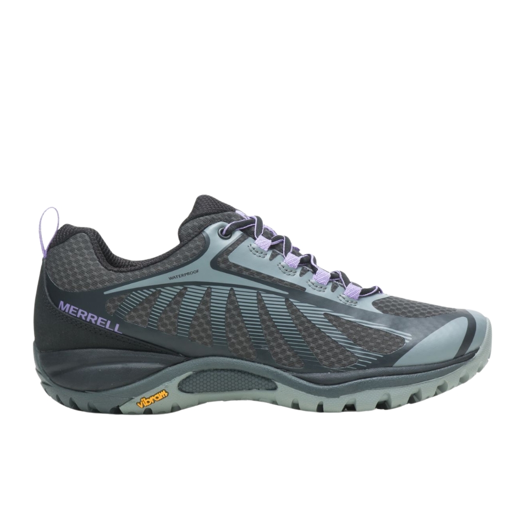 CHAUSSURE DE MARCHE MERRELL SIREN EDGE 3 WATERPROOF POUR FEMME COULEUR BLACK/VIOLET VUE DE LA CHAUSSURE NOIRE ET VIOLET DE PROFIL DROIT