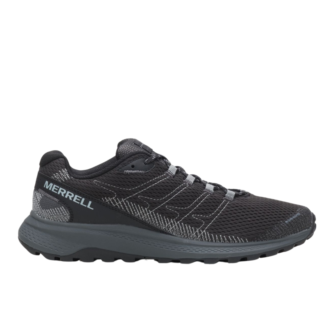 CHAUSSURE DE MARCHE MERRELL FLY STRIKE WIDE POUR HOMME COULEUR BLACK VUE DE LA CHAUSSURE NOIRE ET GRISE DE PROFIL DROIT