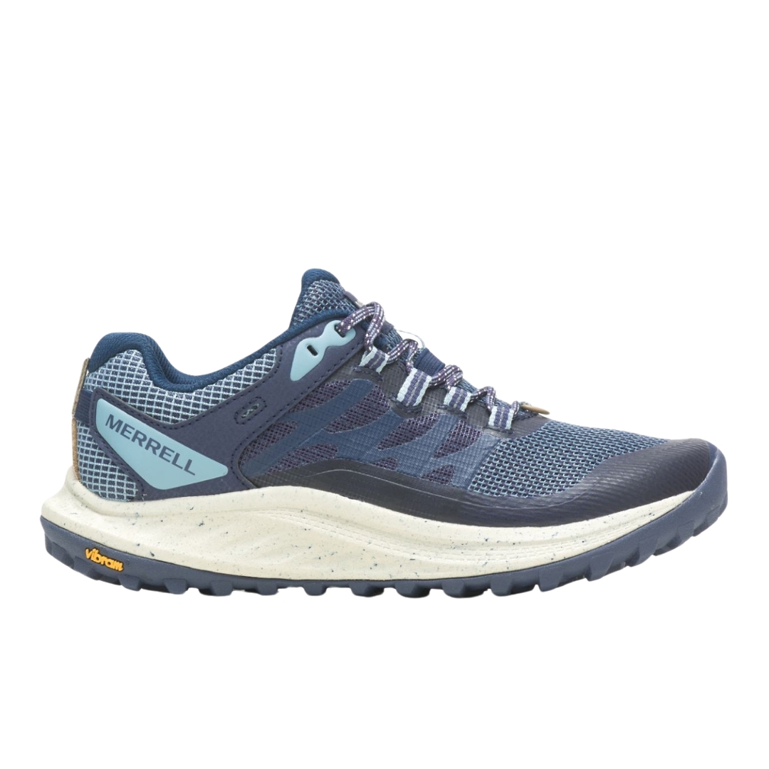 CHAUSSURE DE COURSE SUR SENTIER MERRELL ANTORA 3 POUR FEMME COULEUR SEA VUE DE LA CHAUSSURE BLEUE ET CRÈME DE PROFIL DROIT