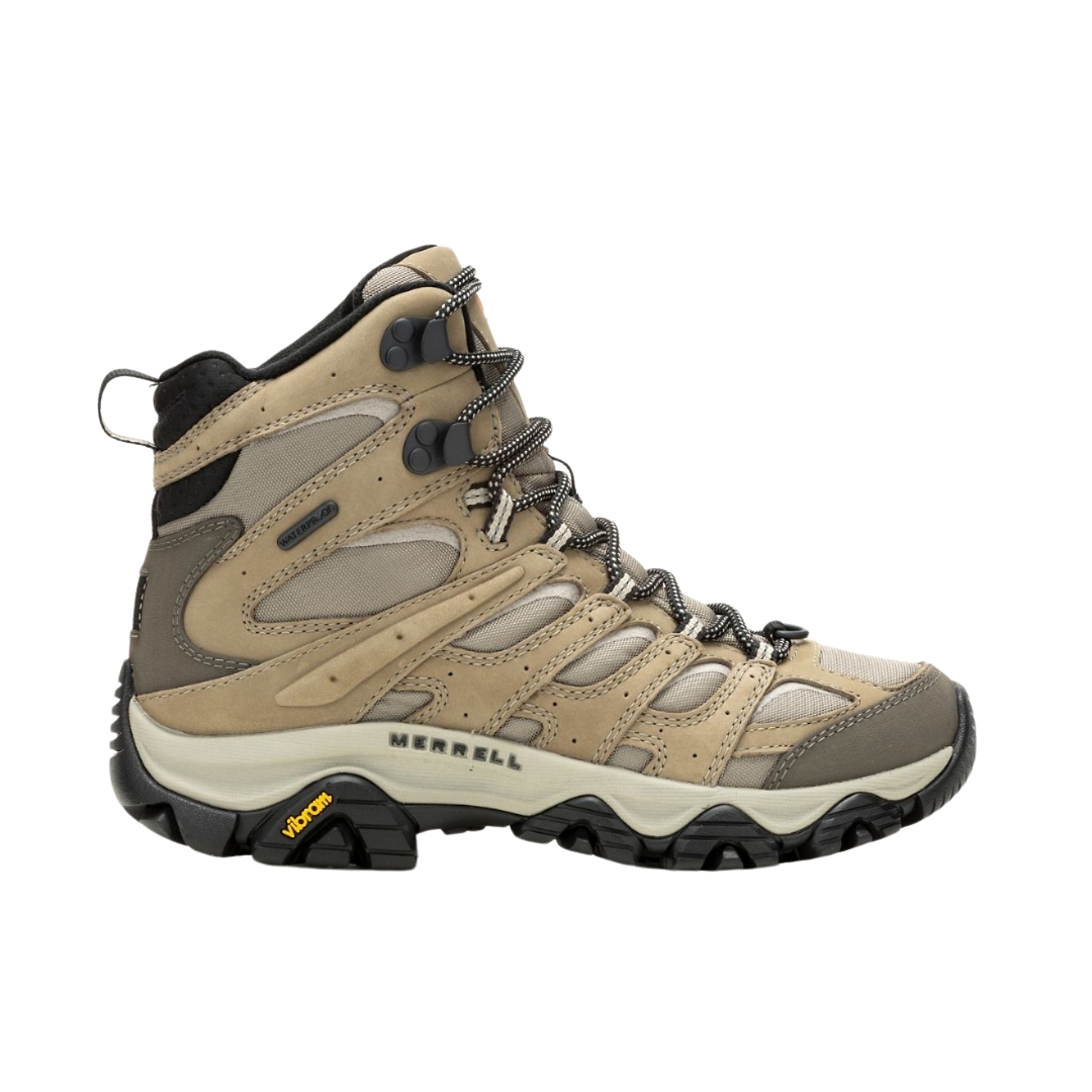 BOTTE IMPERMÉABLE DE RANDONNÉE MERRELL MOAB 3 APEX MID WP POUR FEMME COULEUR BRINDLE VUE DE LA BOTTE BEIGE CRÈME ET KHAKI DE PROFIL DROIT