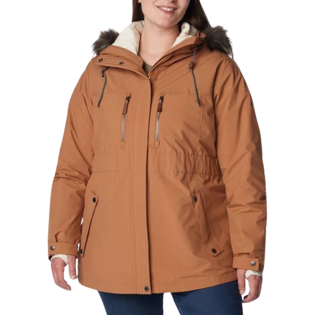 MANTEAU ISOLÉ 3 EN 1 COLUMBIA PAYTON PASS INTERCHANGE POUR FEMME COULEUR CAMEL BROWN VU DU MANTEAU BRUN BEIGE PORTÉ PAR UNE FEMME VUE DE FACE