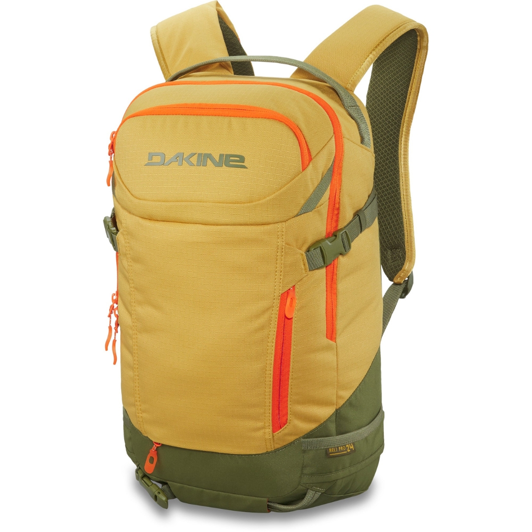 SAC À DOS DE SKI ALPIN DAKINE HELI PRO 24L POUR FEMME couleur Mustard Seed vu du sac à dos jaune et vert olive avec détails orange de profil avant droit