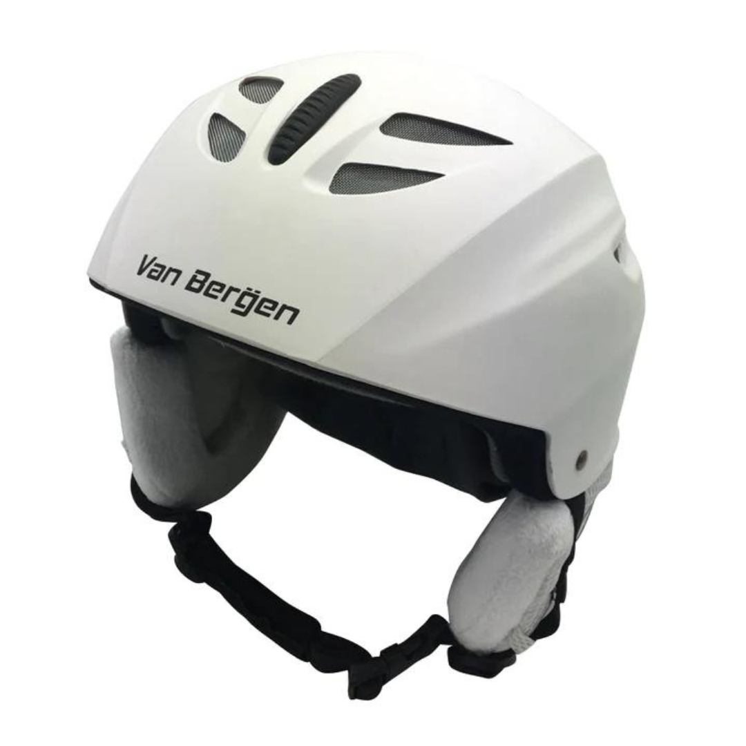 CASQUE DE SKI ALPIN VAN BERGËN POUR ADULTE couleur blanc vu du casque blanc lettré noir de profil avant gauche