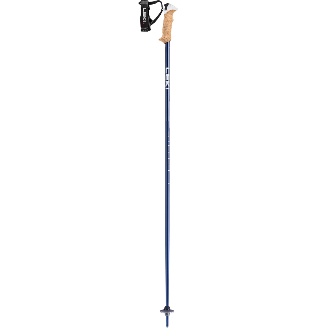 BÂTON DE SKI ALPIN LEKI STELLA S POUR FEMME COULEUR MIDNIGHTBLUE/GOLD VU DU BÂTON BLEU MÉTALLIQUE LETTRÉ BLANC ET DORÉ