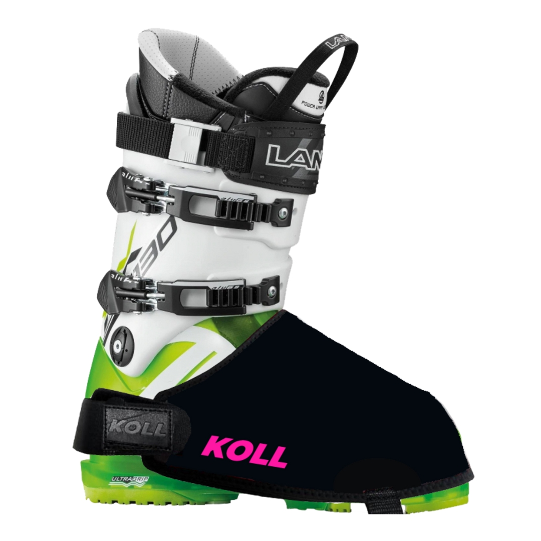 COUVRE-BOTTES DE SKI KOLL WARMBOOT CLASSIC couleur rose vu du couvre botte noir lettré rose