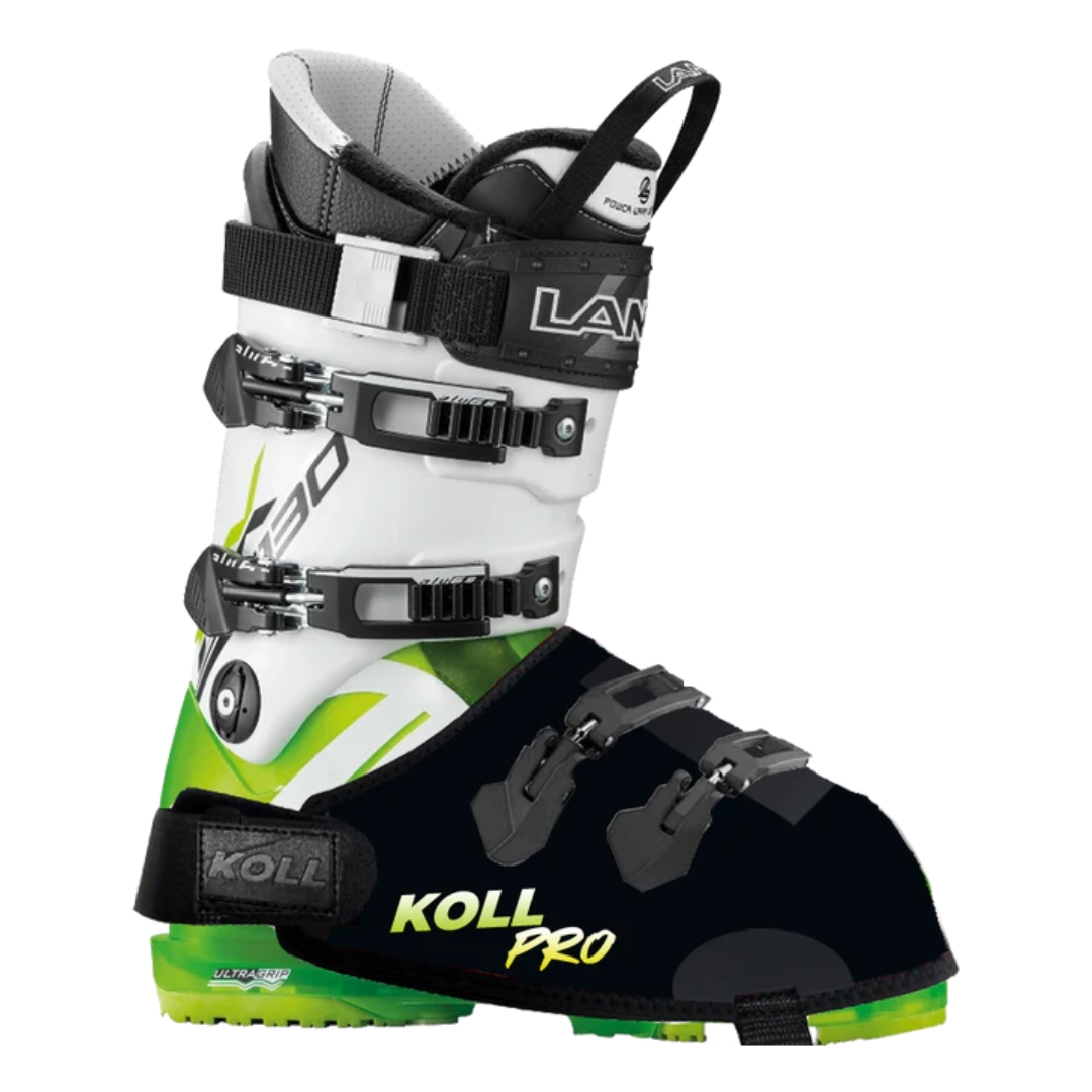 COUVRE-BOTTES DE SKI KOLL WARMBOOT PRO couleur noir vu du couvre-bottes noir lettré blanc avec attache grises foncées