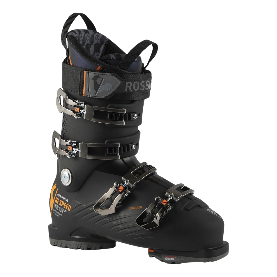 BOTTE DE SKI ALPIN ROSSIGNOL HI-SPEED PRO 110 MV GW POUR HOMME couleur black/orange vue de la botte noire et orange de profil avant droit