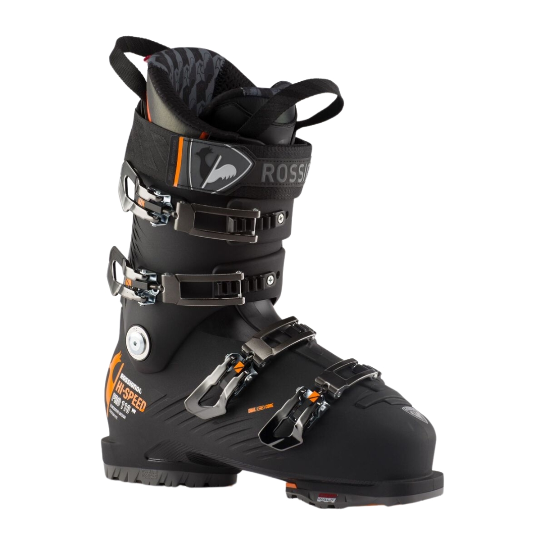 BOTTE DE SKI ALPIN ROSSIGNOL HI-SPEED PRO 110 MV GW POUR HOMME couleur black/orange vue de la botte noire et orange de profil avant droit