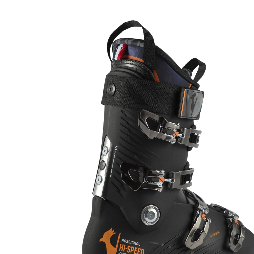 BOTTE DE SKI ALPIN ROSSIGNOL HI-SPEED PRO 110 MV GW POUR HOMME couleur black/orange vue de la botte noire et orange de profil arrière droit
