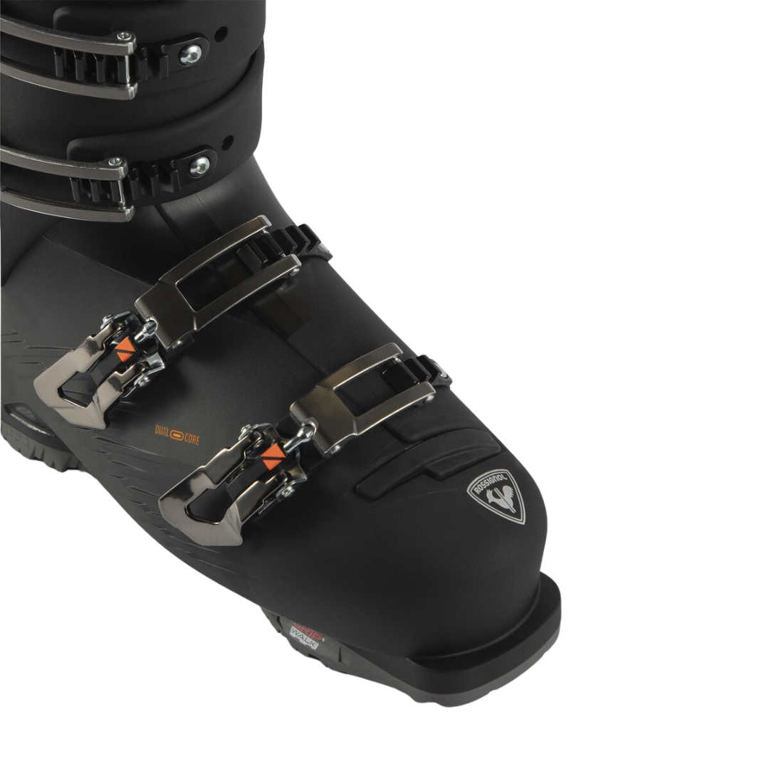 BOTTE DE SKI ALPIN ROSSIGNOL HI-SPEED PRO 110 MV GW POUR HOMME couleur black/orange vue de la botte noire et orange en gros plan sur le dessus du pied