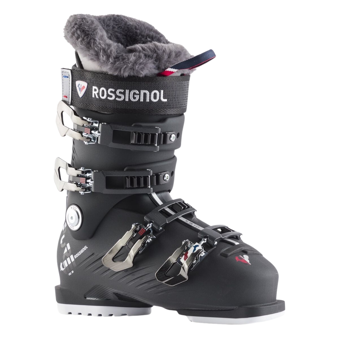 BOTTE DE SKI ALPIN ROSSIGNOL PURE PRO 80 POUR FEMME couleur MTL ICE BLACK vue de la botte noire et grise vue de profil droit