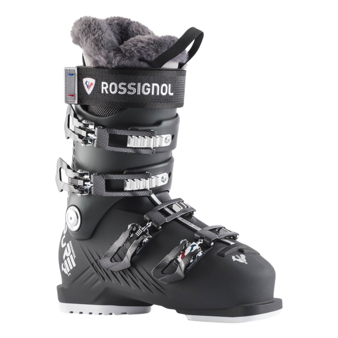 BOTTE DE SKI ALPIN ROSSIGNOL PURE 70 POUR FEMME couleur METAL BLACK vue de la botte noire et grise de profil droit