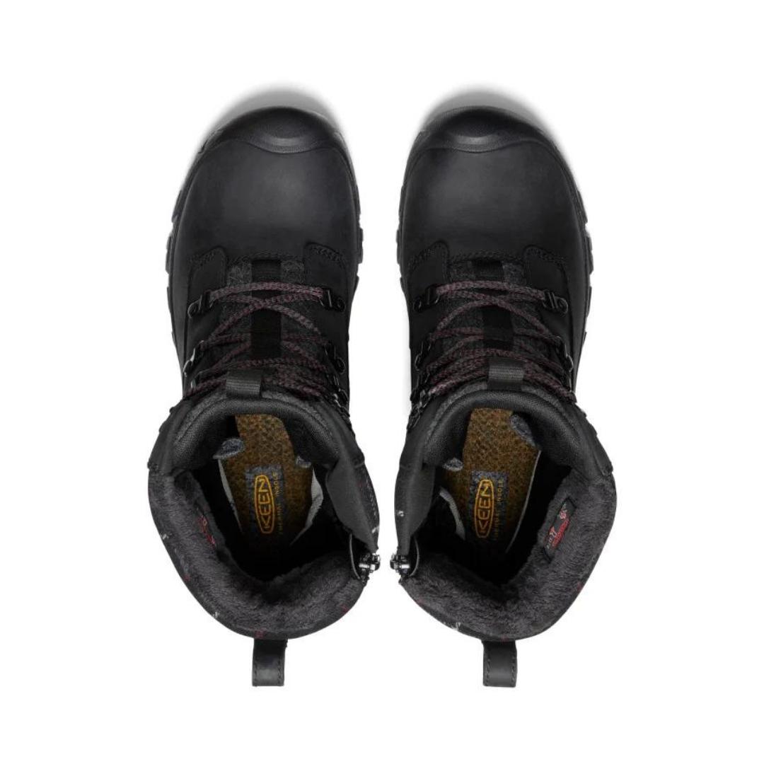 BOTTE D'HIVER IMPERMÉABLE KEEN GRETA BOOT POUR FEMME couleur blak/black vue de la botte noire, grise et tissu à carreau du dessus