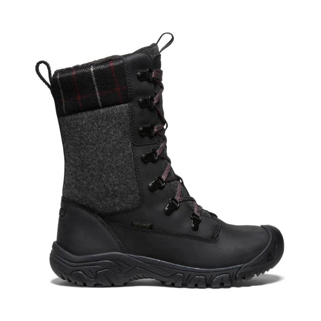 BOTTE D'HIVER IMPERMÉABLE KEEN GRETA BOOT POUR FEMME couleur blak/black vue de la botte noire, grise et tissu à carreau de profil droit