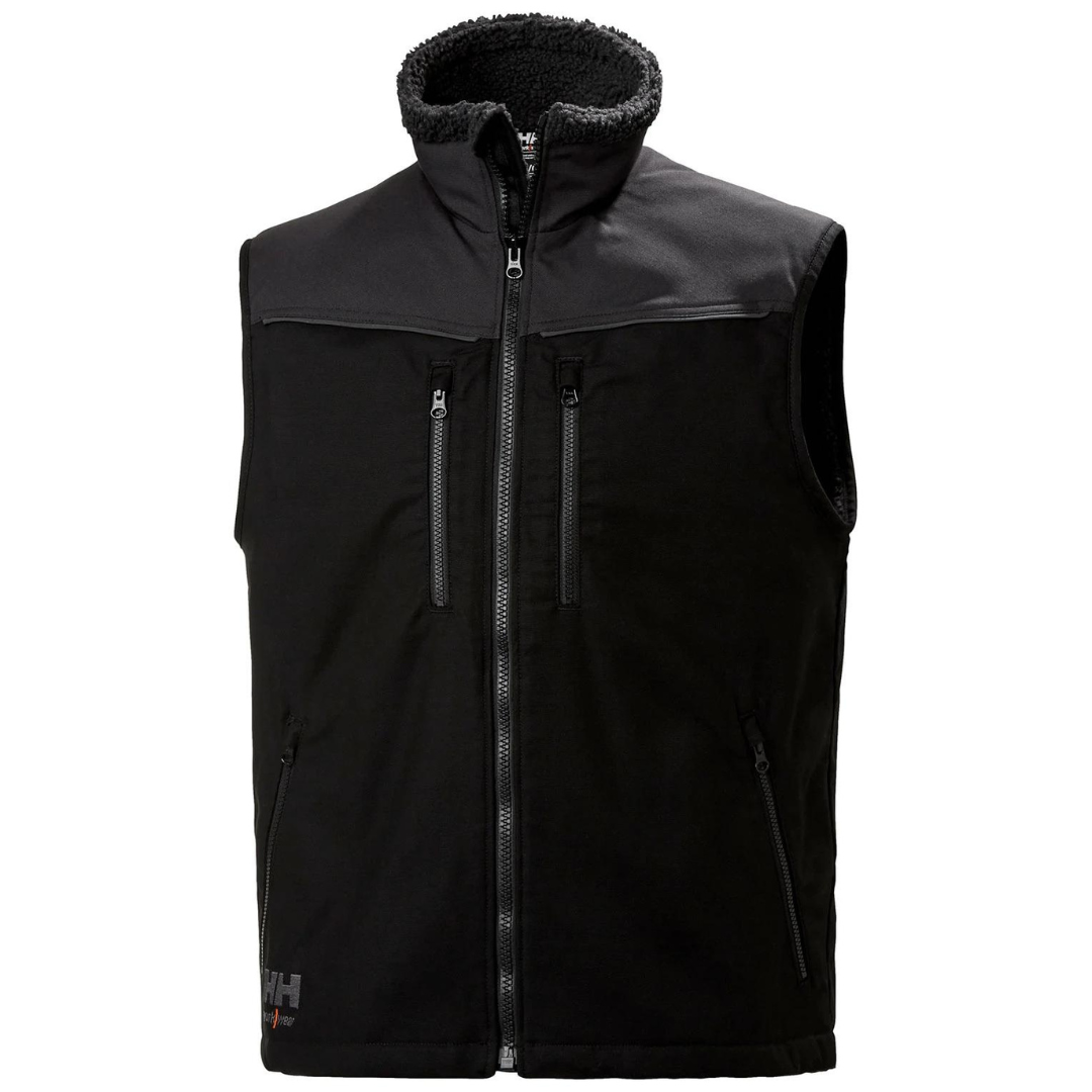 VESTE DE TRAVAIL DOUBLÉE SANS MANCHE HELLY HANSEN WORKWEAR OXFORD couleur black/ebony vue de face veste entièrement noire on voit les deux textures des matières, les fermetures éclaires des 4 poches extérieures ainsi que le logo hh workwear au bas droit de la veste