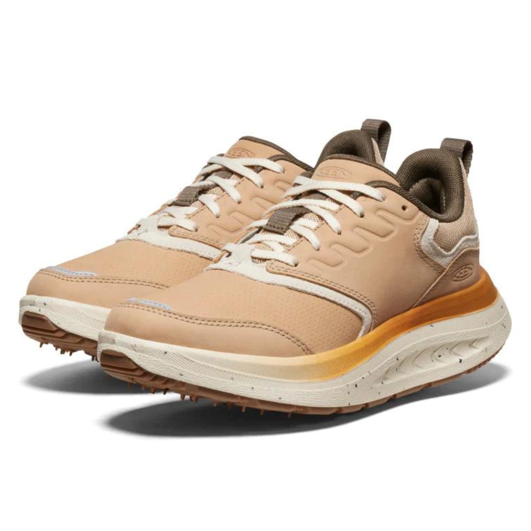 CHAUSSURE DE MARCHE KEEN WK400 CUIR POUR FEMME COULEUR SAFARI/BIRCH VU DES CHAUSSURES PÊCHE ET CRÈME DE PROFIL AVANT GAUCHE