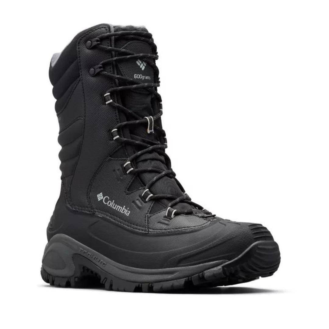 BOTTE D'HIVER ISOLÉE COLUMBIA BUGABOOT III XTM POUR HOMME couleur blakc/columbia grey vu de la botte droite de couleur noire avec détails gris de profil avant droit