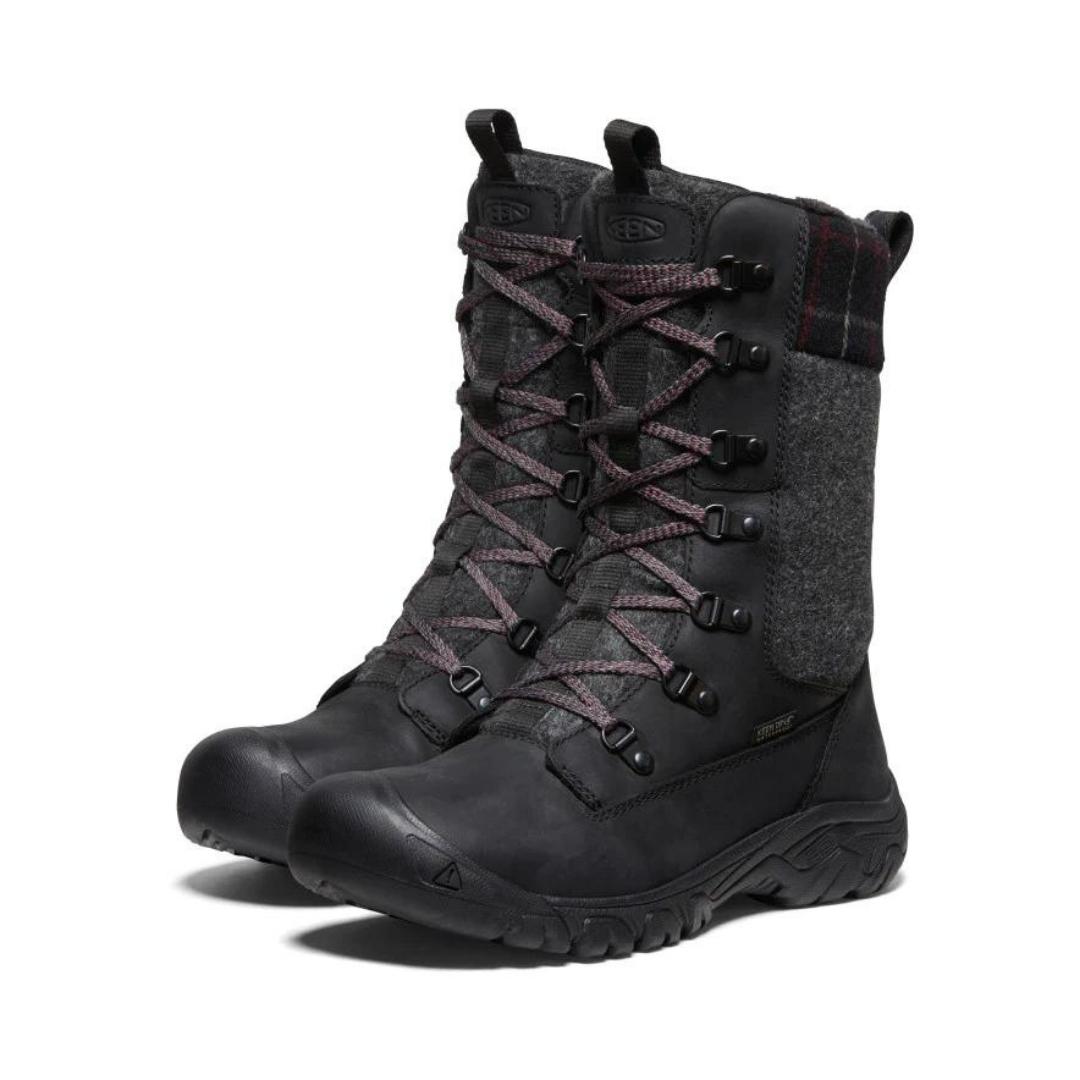 BOTTE D'HIVER IMPERMÉABLE KEEN GRETA BOOT POUR FEMME couleur blak/black vue de la botte noire, grise et tissu à carreau de profil avant gauche