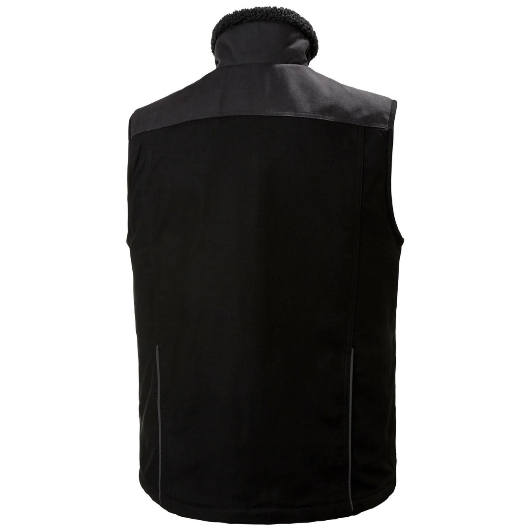 VESTE DE TRAVAIL DOUBLÉE SANS MANCHE HELLY HANSEN WORKWEAR OXFORD couleur black/ebony vu de dos veste entièrement noire à l'arrière on voit les deux textures des matières et les détails réfléchissants sur les côtés arrière