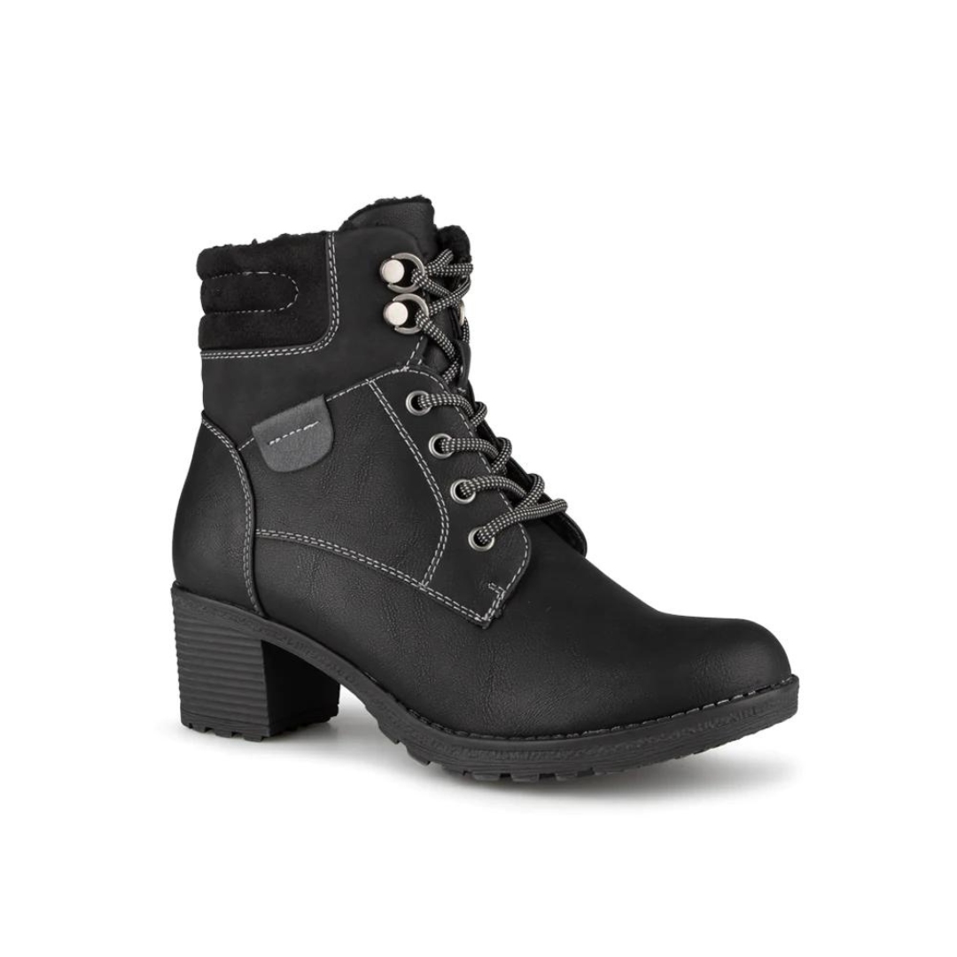 BOTTE D'HIVER LAÇÉE ALBERTO REPOLHO POUR FEMME COULEUR NOIR VU DE LA BOTTE DROITE NOIRE DE PROFIL AVANT DROIT