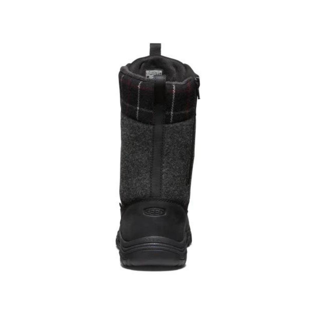 BOTTE D'HIVER IMPERMÉABLE KEEN GRETA BOOT POUR FEMME couleur blak/black vue de la botte noire, grise et tissu à carreau de dos