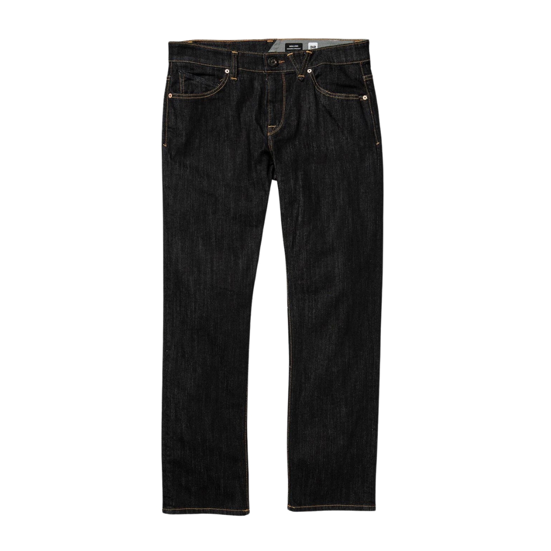 JEAN VOLCOM SOLVER DENIM POUR HOMME COULEUR RINSE VU DU JEAN NOIR DÉLAVÉ LÉGÈREMENT VU DE FACE