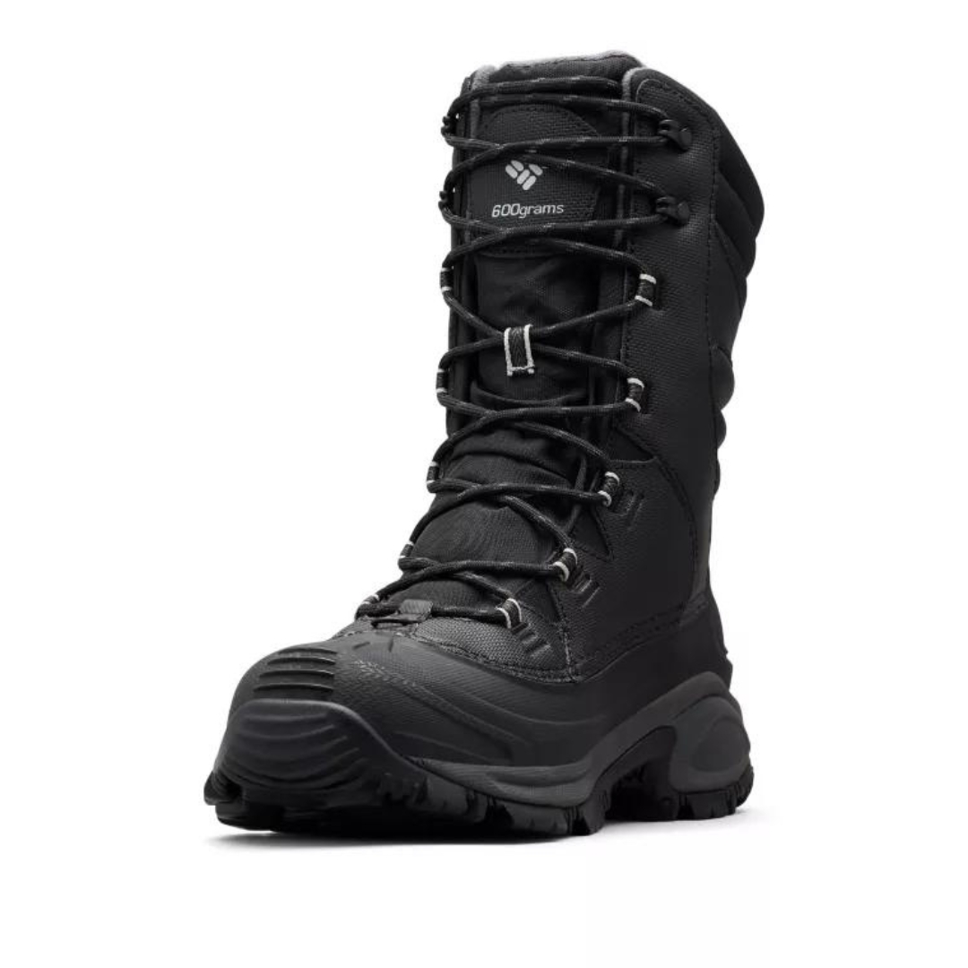 BOTTE D'HIVER ISOLÉE COLUMBIA BUGABOOT III XTM POUR HOMME couleur blakc/columbia grey vu de la botte droite de couleur noire avec détails gris de profil avant gauche