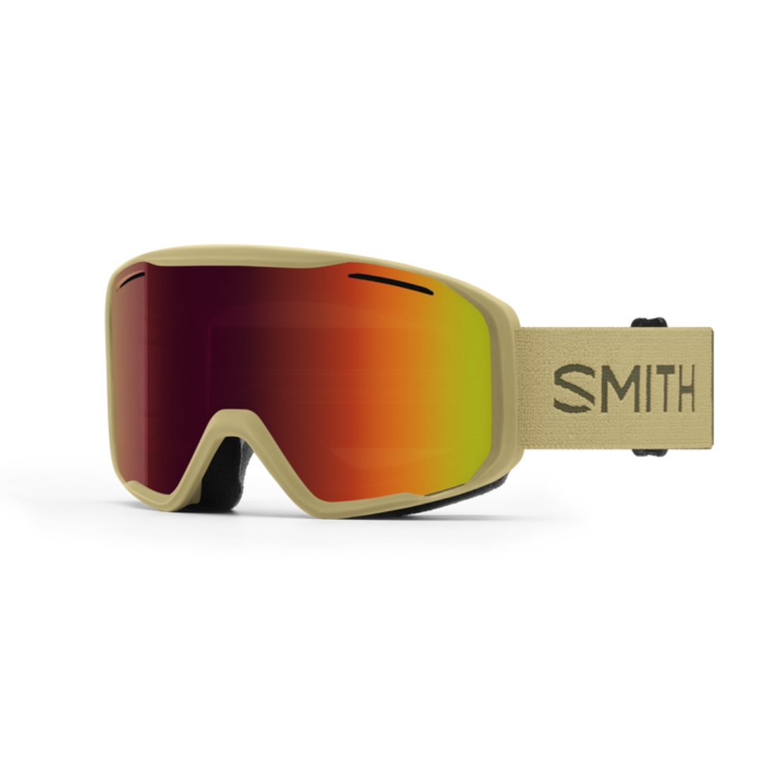 LUNETTE DE SKI ALPIN SMITH OPTICS BLAZER POUR ADULTE couleur SANDSTORM FOREST/RED SOL-X MIRROR vue de la lunette biege sable avec lentille rouge dégradée jaune mirroir et bande élastique beige sable lettrée vert kaki de profil avant gauche