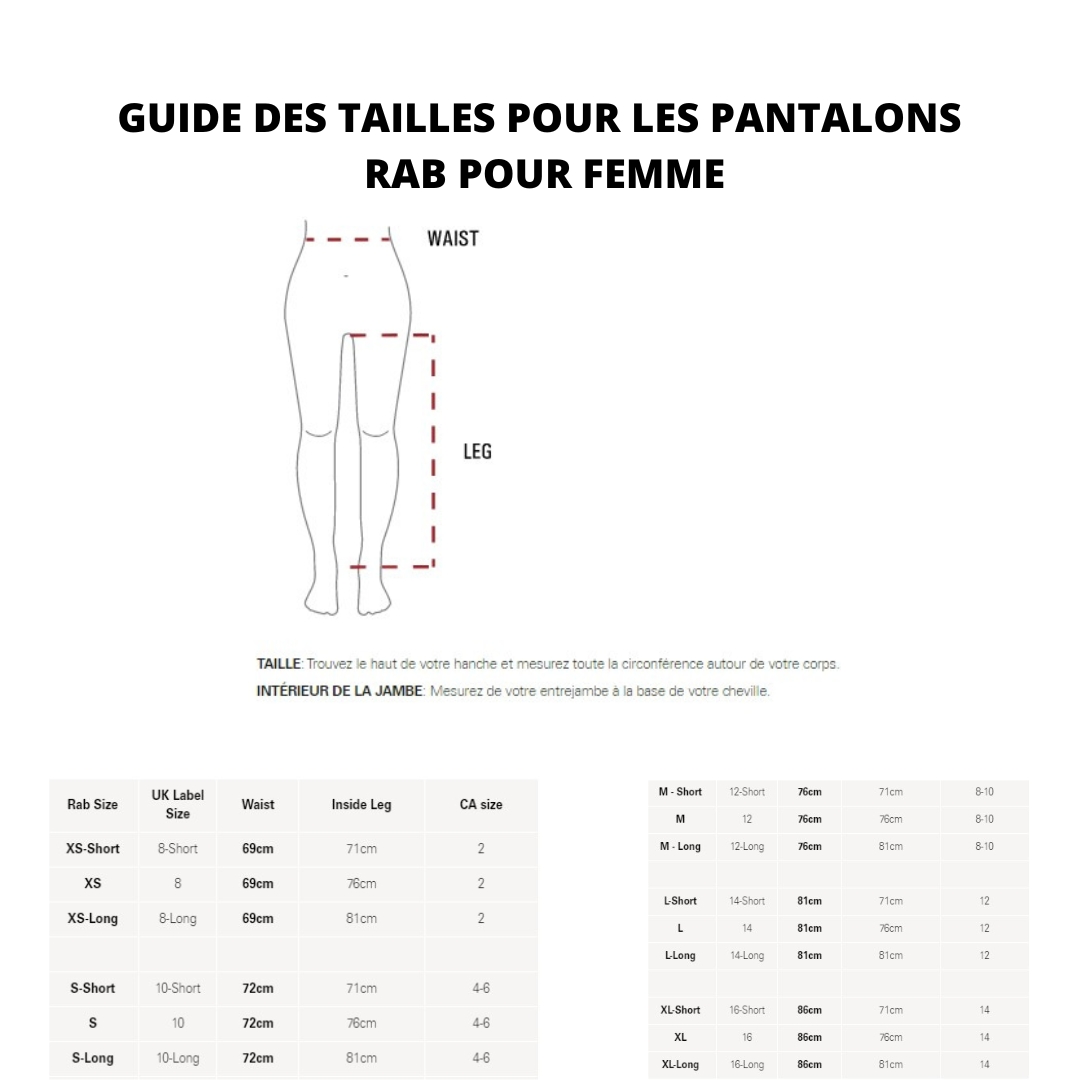 GUIDE DES TAILLES POUR LES PANTALONS RAB POUR FEMME