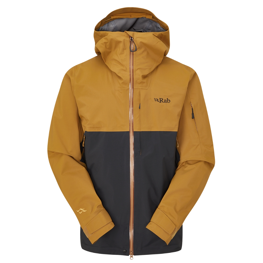 MANTEAU DE SKI RAB KHROMA DIFFUSE GTX POUR HOMME COULEUR FOOTPRINT/BLACK VU DU MANTEAU JAUNE OCRE ET NOIR DE FACE