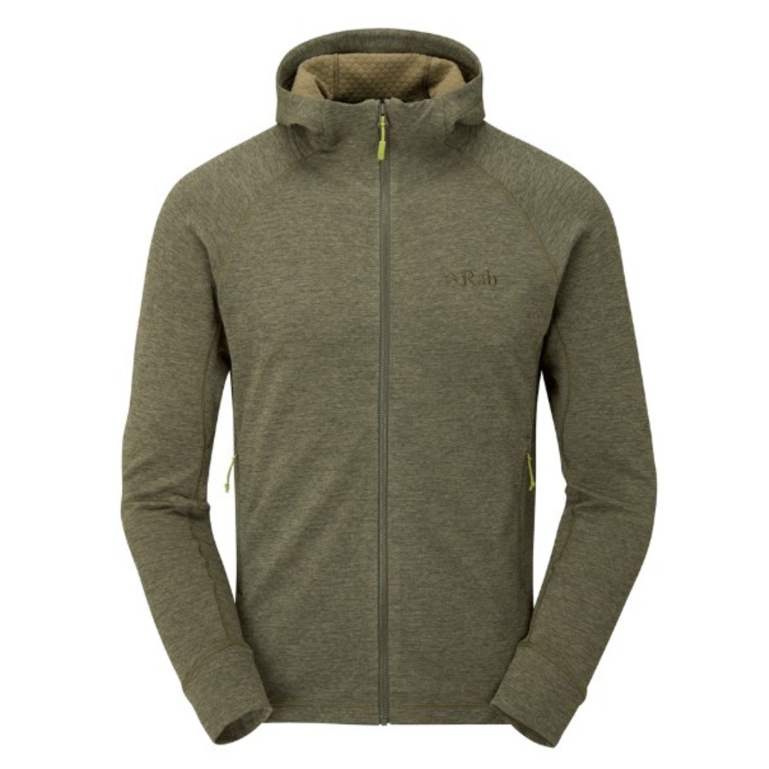 CHANDAIL À CAPUCHON RAB NEXUS POUR HOMME COULEUR LIGHT KHAKI VU DE L'AVANT FERMETURE À GLISSIÈRE PLEINE LONGUEUR LOGO ET NOM RAB BRODÉ EN TON SUR TON À LA POITRINE GAUCHE SUR LE CHANDAIL VERT SAUGE