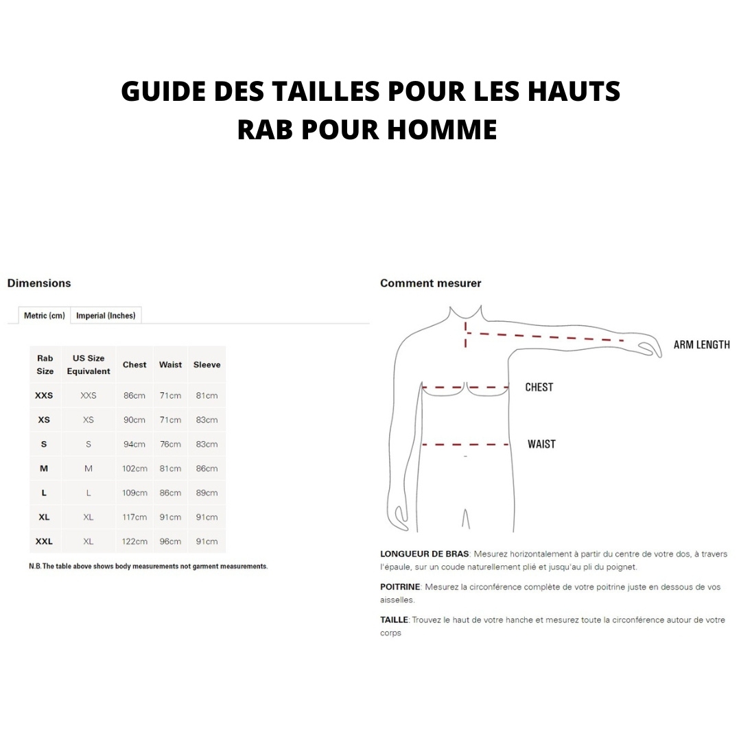 GUIDE DES TAILLES POUR LES HAUT RAB POUR HOMME