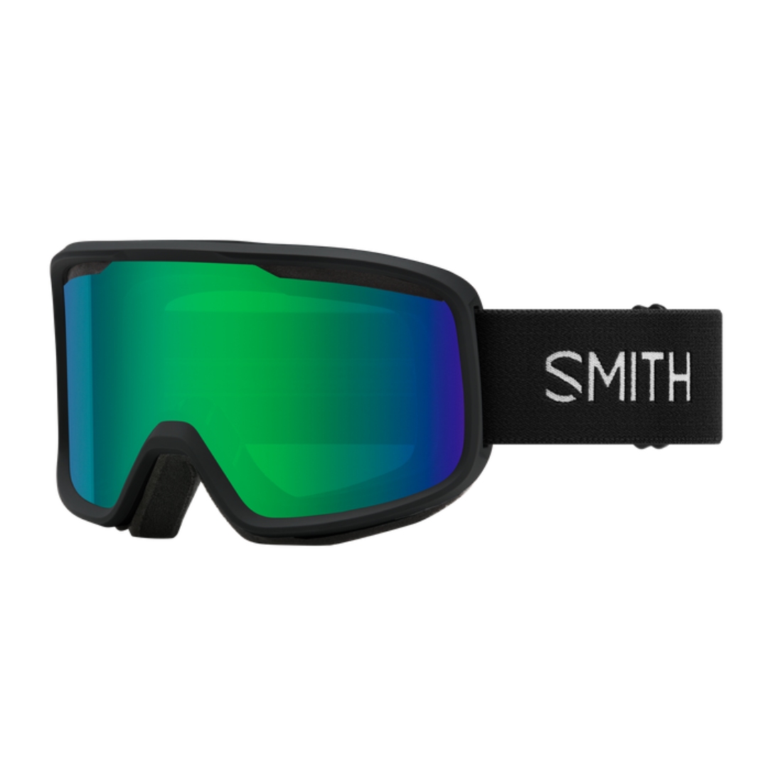 LUNETTE DE SKI ALPIN SMITH OPTICS FRONTIER POUR ADULTE couleur BLACK/GREEN SOL-X MIRROR vue de la lunette noire avec bande élastique noire lettrée blanche ainsi que la lentille verte dégradée mauve miroir de profil avant gauche