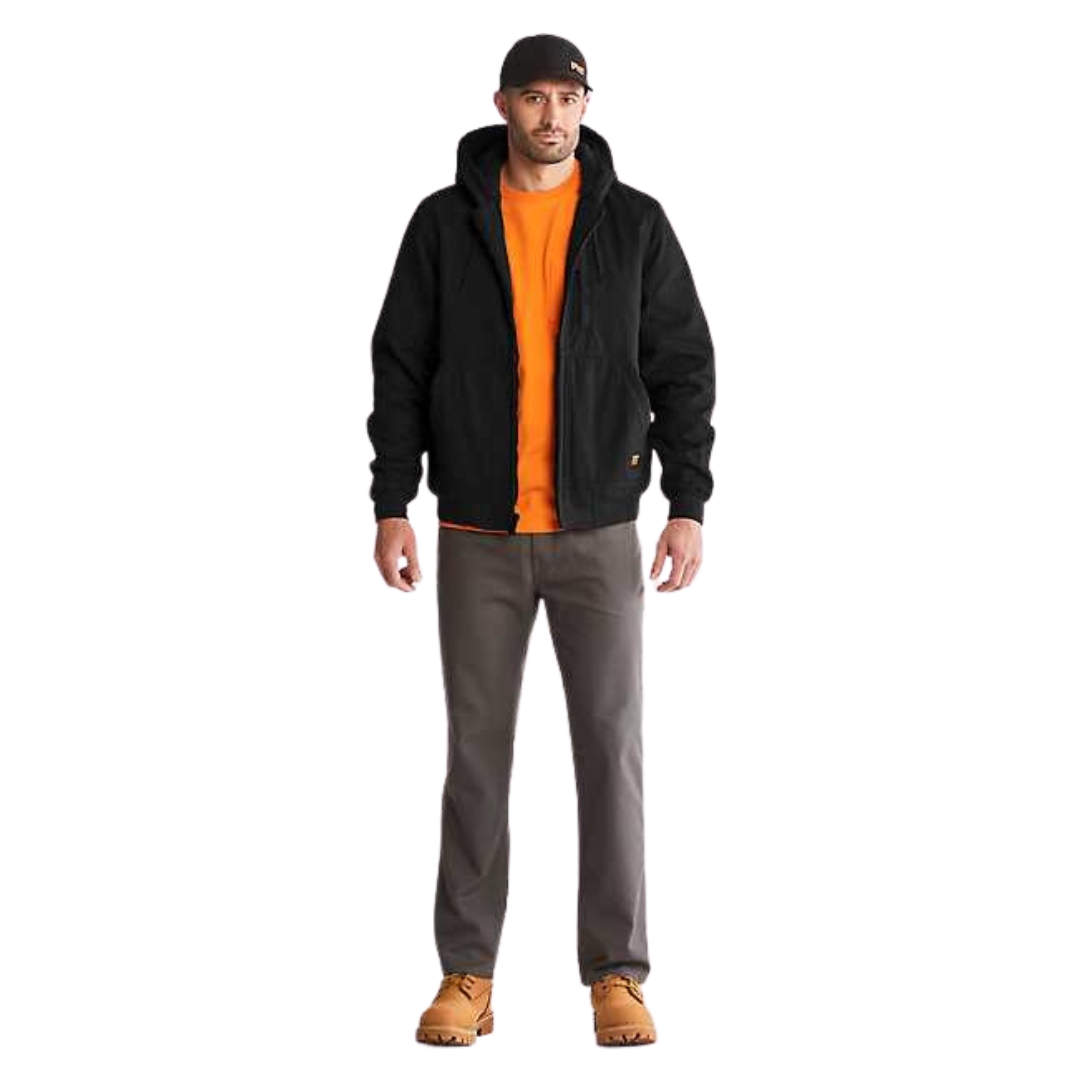 veste en toile à capuchon timberland Pro gritman pour homme couleur black vu de la veste noire portée par un homme vu de la tête aux pieds de face