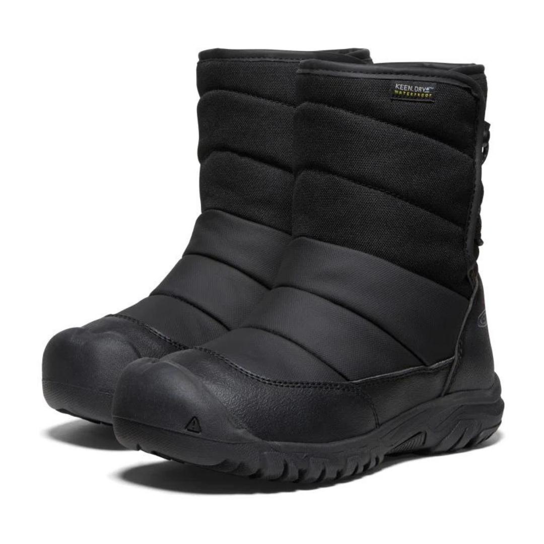BOTTE D'HIVER IMPERMÉABLE KEEN PUFFRIDER POUR JUNIOR couleur BLACK/STEEL GREY vu de la botte noire de profil avant gauche les deux bottes